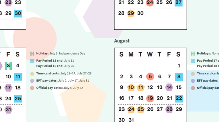 An illustration of geometric shapes showing parts of calendar months with the word August